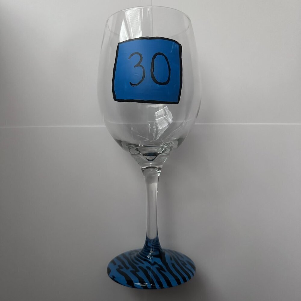 Hand Painted 30th Birthday Wine Glass in Blue